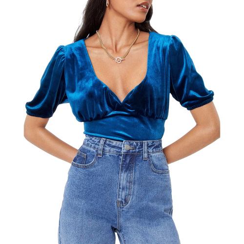 Short sleeve Velvet V Neck Top for women