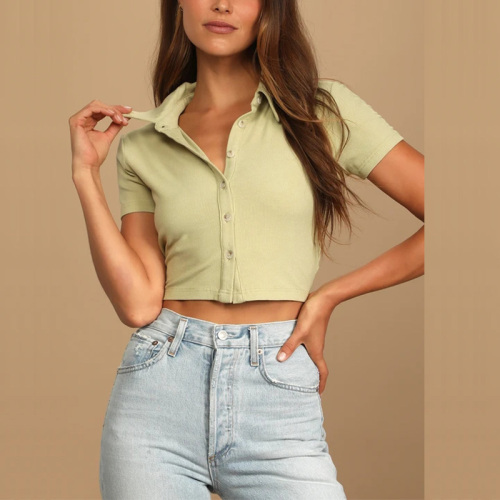 Womens Ribbed Short Sleeve Button-Up Crop Top