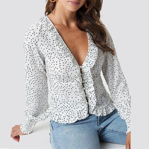 Womens frill button down polka dot blouse