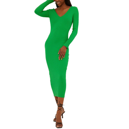 Womens V-neck Long sleeve ribbed midi dress