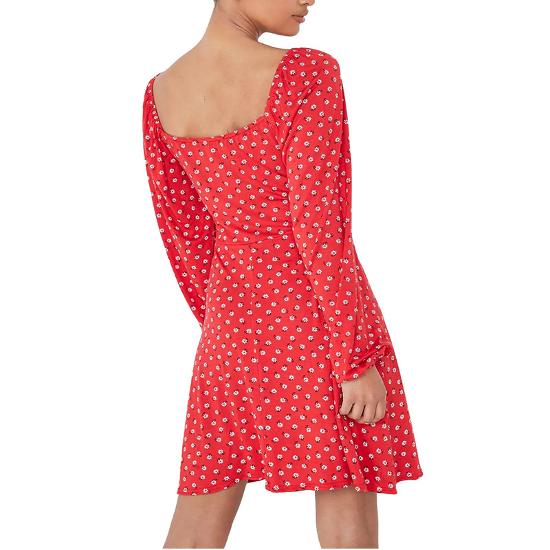 Womens square neck red floral print mini dress