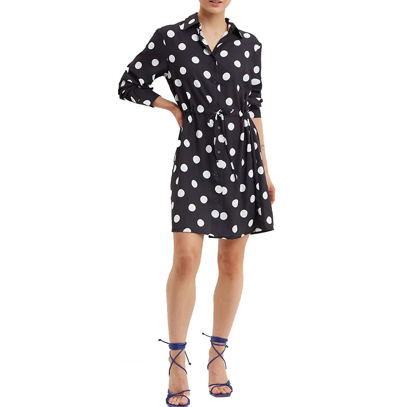 Black and white polka dot mini shirt dress