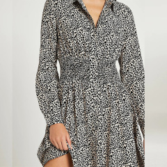 Womens long sleeves leopard print shirred shirt dress