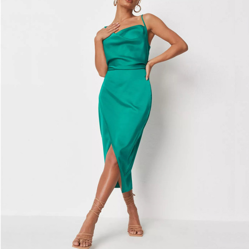 Womens sleeveless satin cowl neck midi slit dress