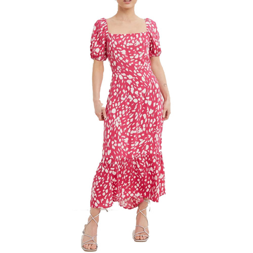 Womens pink floral print back lace up midi dress