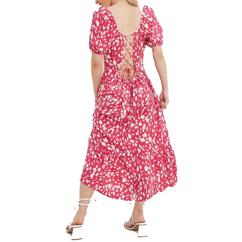 Womens pink floral print back lace up midi dress