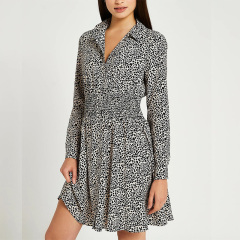 Womens long sleeves leopard print shirred shirt dress