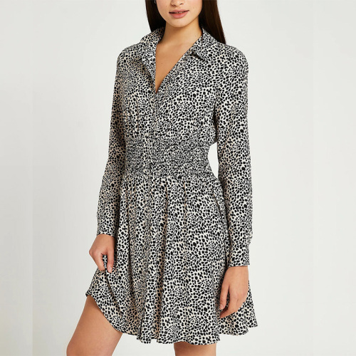 Womens long sleeves leopard print shirred shirt dress
