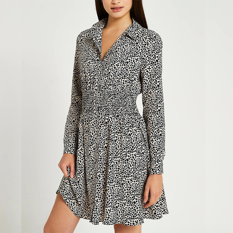 Womens long sleeves leopard print shirred shirt dress