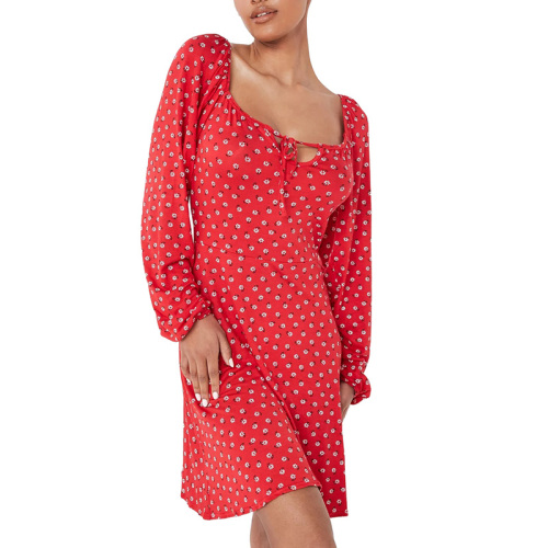 Womens square neck red floral print mini dress