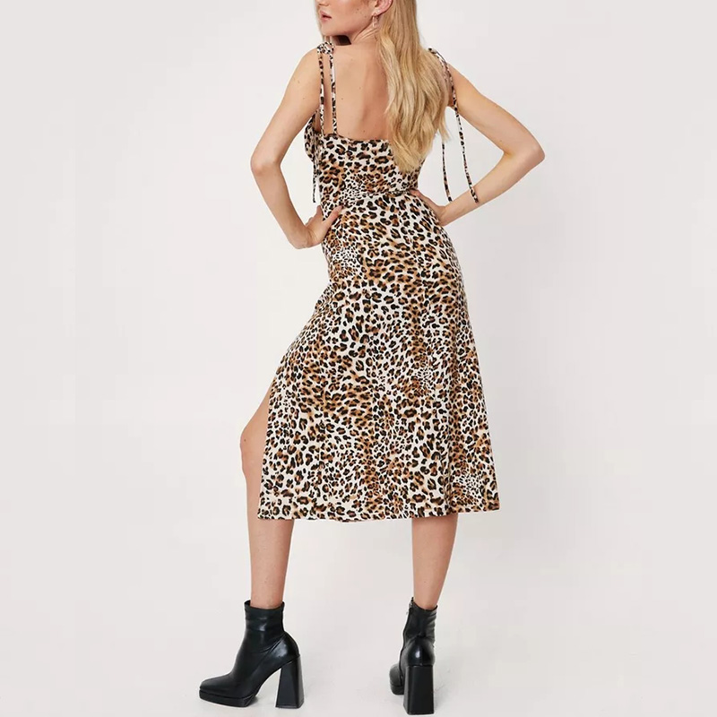 Leopard print slip split midi dress with high slit