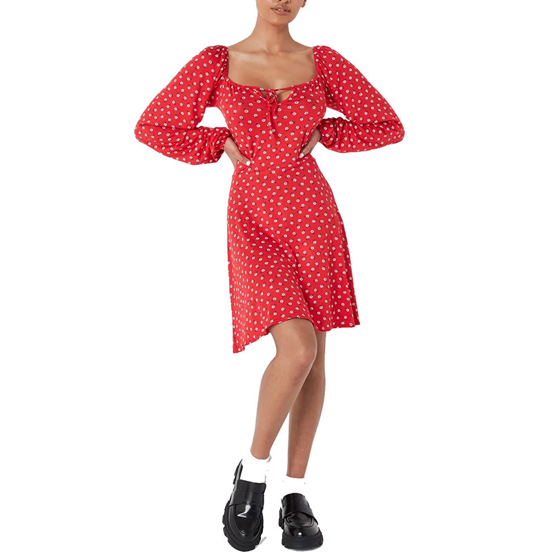 Womens square neck red floral print mini dress