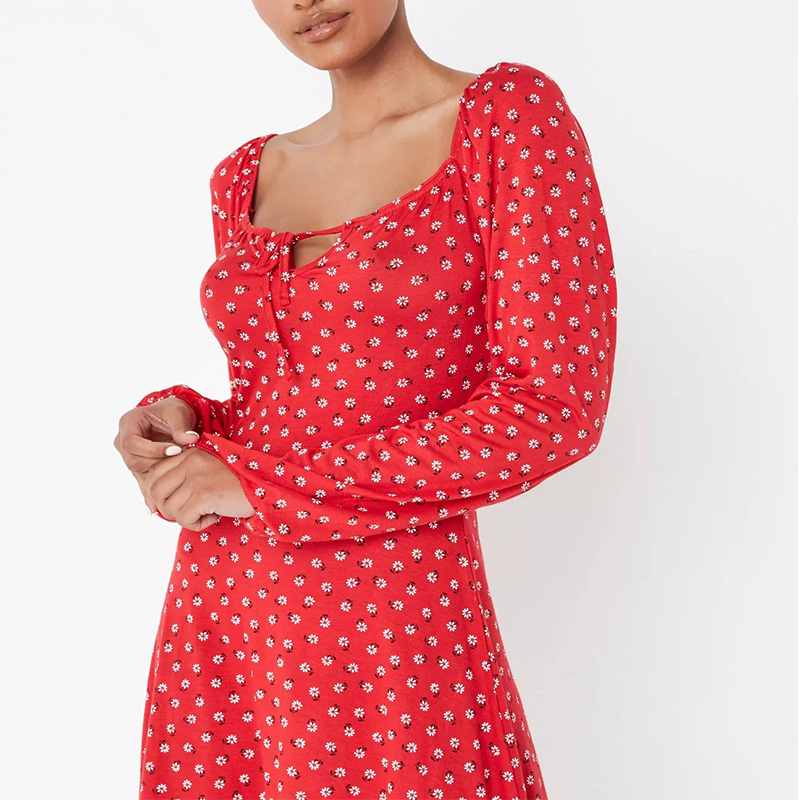 Womens square neck red floral print mini dress