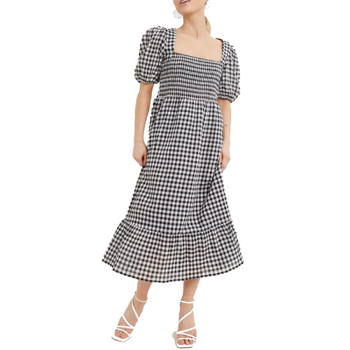 Ladies black and white check shirred midi dress with sleeves