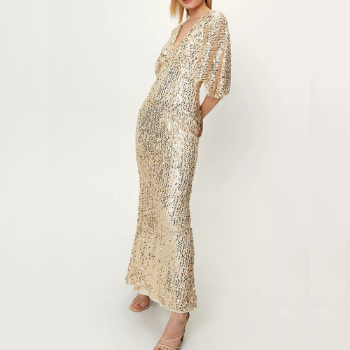 Womens gold sequin maxi dress with sleeves
