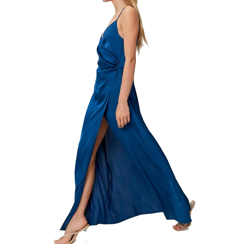 Womens satin V neck wrap maxi dress