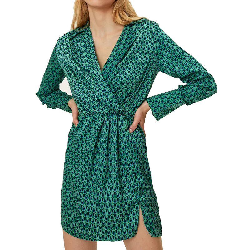 Womens long sleeves green floral print wrap mini dress