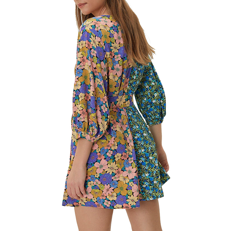 Womens long sleeves mix floral wrap printed dress