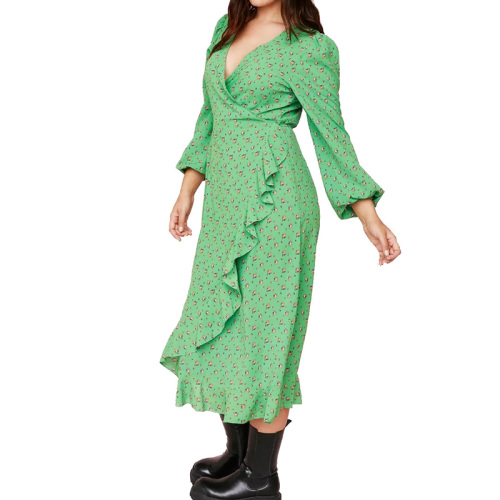 Womens long sleeve green floral printed wrap midi dress