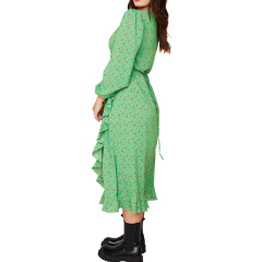 Womens long sleeve green floral printed wrap midi dress