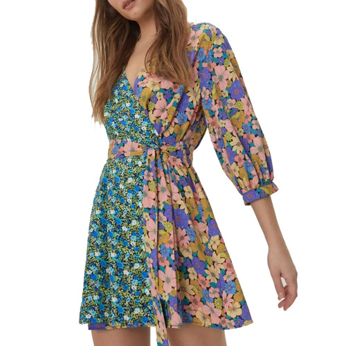Womens long sleeves mix floral wrap printed dress