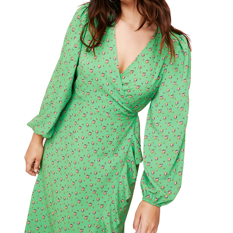 Womens long sleeve green floral printed wrap midi dress