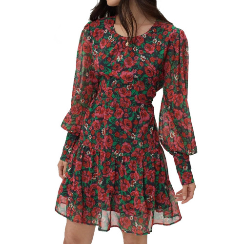 Ladies long sleeves tiered ruffle floral mini dress