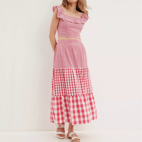 Mix pink plaid midaxi skirt for women