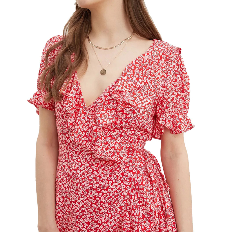 Womens short sleeve floral printed wrap mini short dress