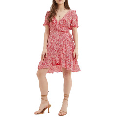 Womens short sleeve floral printed wrap mini short dress