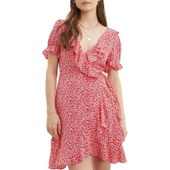 Womens short sleeve floral printed wrap mini short dress