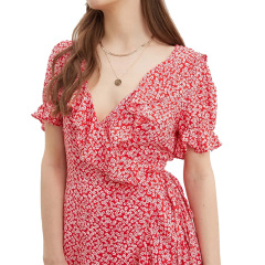 Womens short sleeve floral printed wrap mini short dress