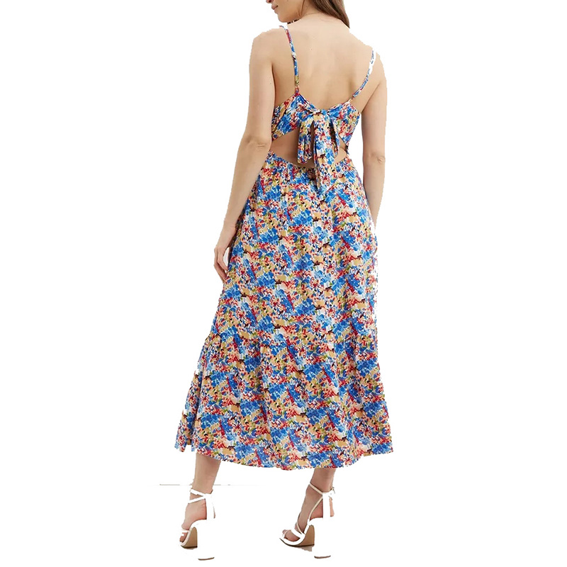 Womens new sumer V neck floral strappy midi dress