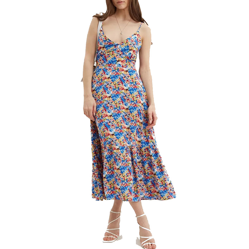 Womens new sumer V neck floral strappy midi dress
