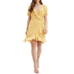 Womens short sleeve floral printed wrap mini short dress
