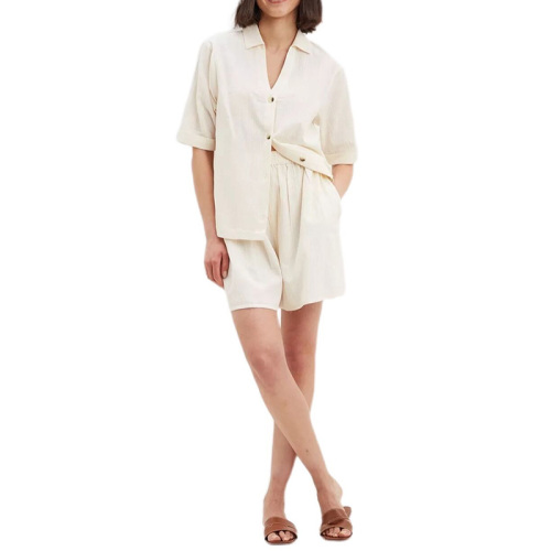 Summer linen shirt and shorts two piece set womens