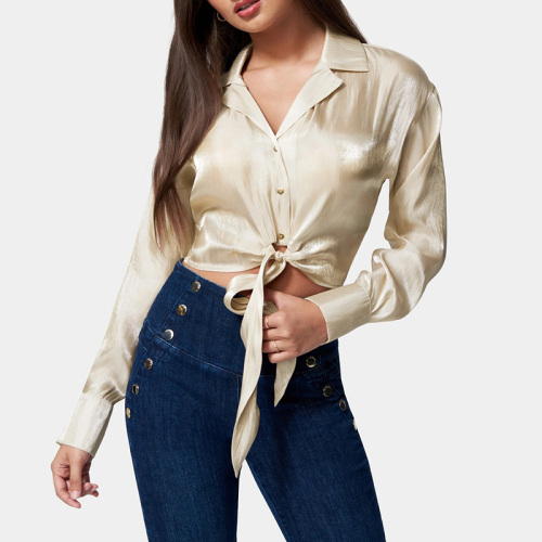Shiny tie satin blouse long sleeve for womens