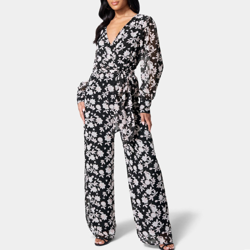 Black floral wide leg print jumpsuit with sleeves womens