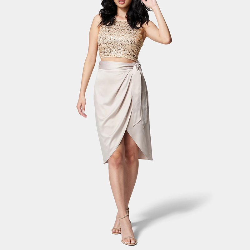 Satin tie wrap around midi skirt