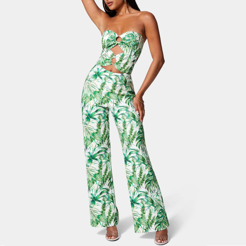 Womens wide leg green floral printed jumpsuit