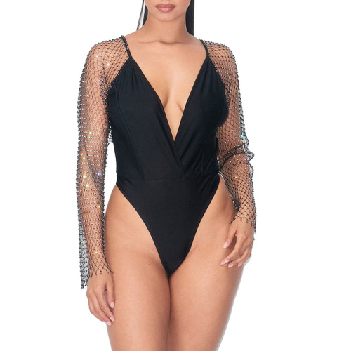 Sexy deep V neck black bodysuit with rhinestone mesh sleeves