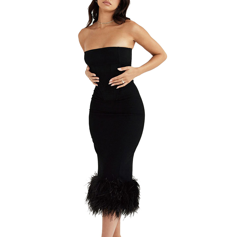 Black feather trim cocktail midi dress