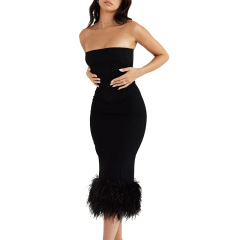 Black feather trim cocktail midi dress