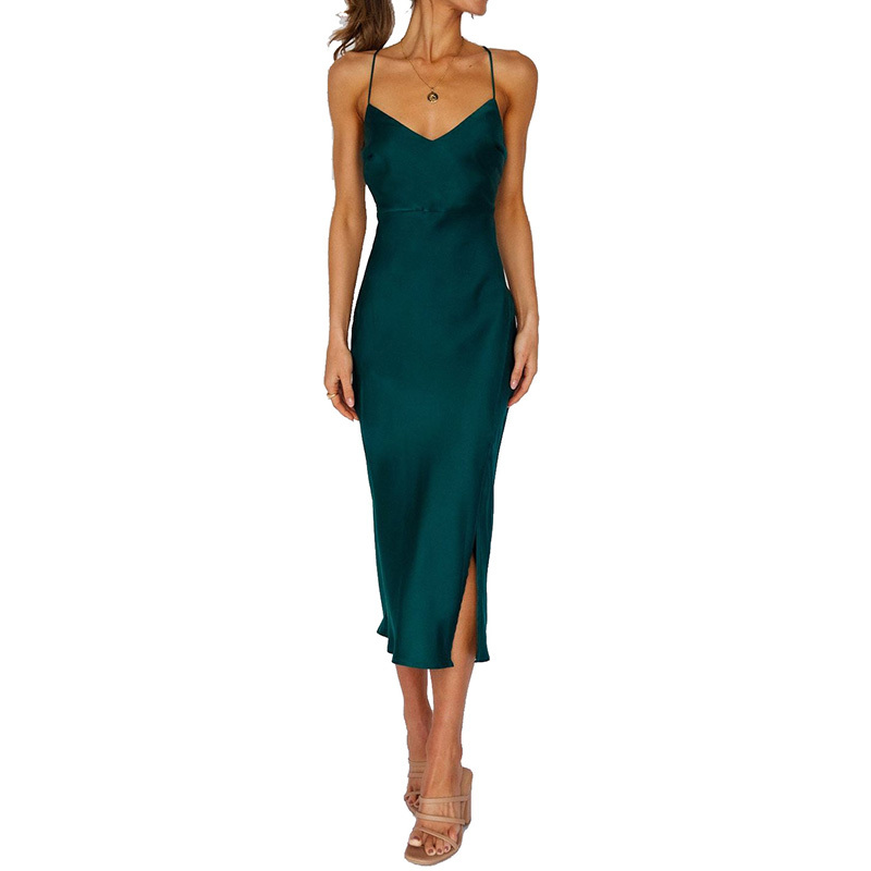 Emerald green prom satin midi dress