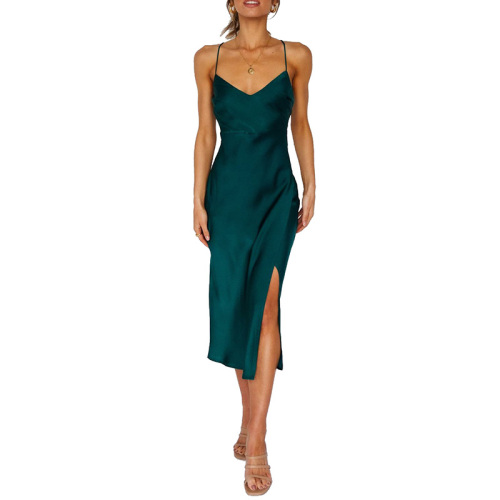 Emerald green prom satin midi dress