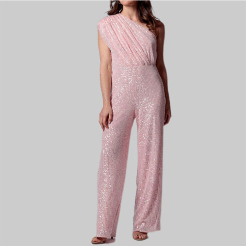 One shoulder pink sparkly sequin romper