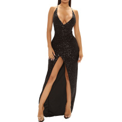 Sexy V neck split black sparkly sequin maxi dress