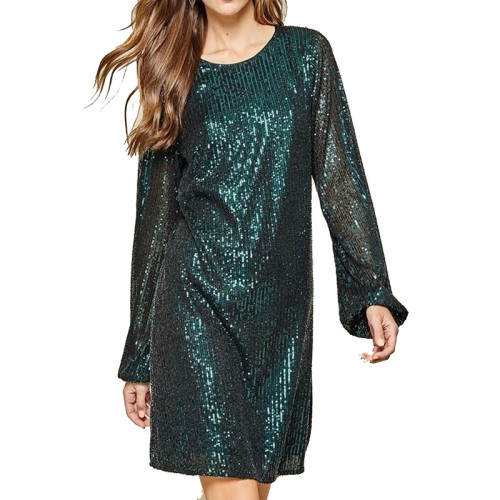 Long sleeve dark emerald green sparkly short sequin dress
