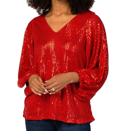 Plus size V neck sequin blouse for women