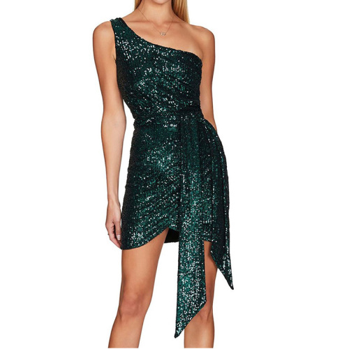 One shoulder sparkly sequin mini dress